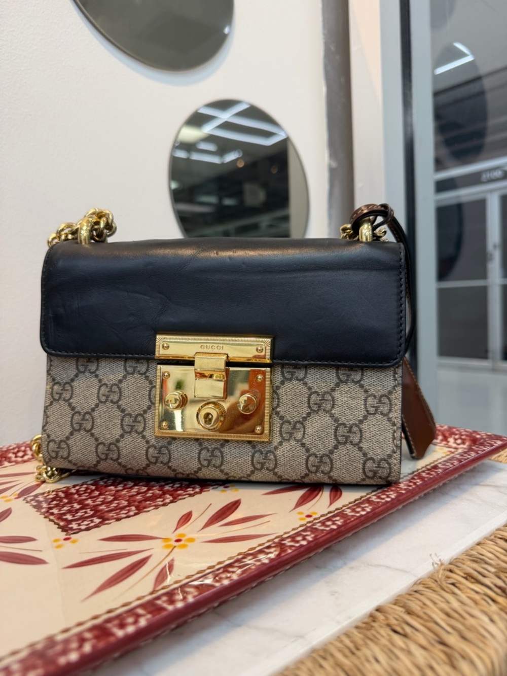 Gucci Black Leather & Beige GG Supreme Padlock Shoulder Bag with Gold Hardware
